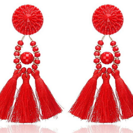 Fringe Resin Bead Tassel Earrings - Approx 98mm drop- Red