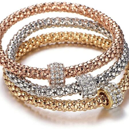 Multilayer 3PC Bracelet Set - Gold/Silver/Rose Gold Tones - Corn Chain & Crystal