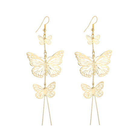 Delicate Filigree Dangle Triple Butterfly Drop Hook Earrings - Gold tone