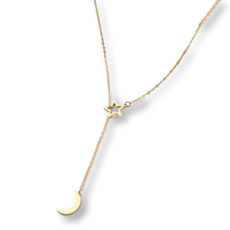 StainlessSteel Non-fading Star and Moon Push Through Womens Necklace Gold
