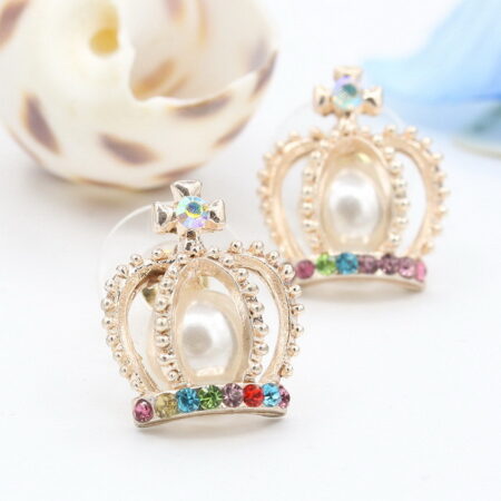 Dainty Crystal Goldtone Royal Crown Push Back Stud Earrings