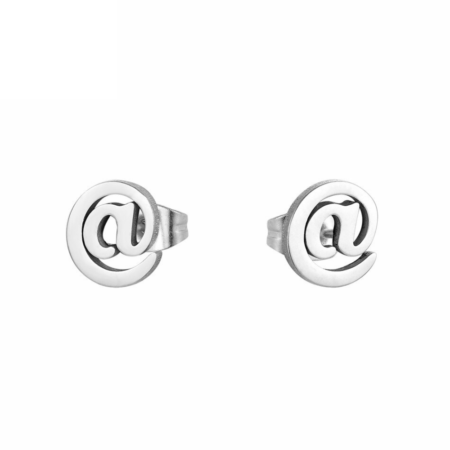 Mini Stainless Steel @ Email Stud Earrings - Silver tone
