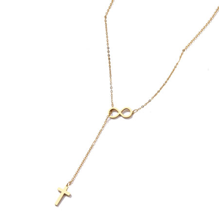 Stainless Steel Infinity Cross Push Through Pendant Womens Necklace -Gold