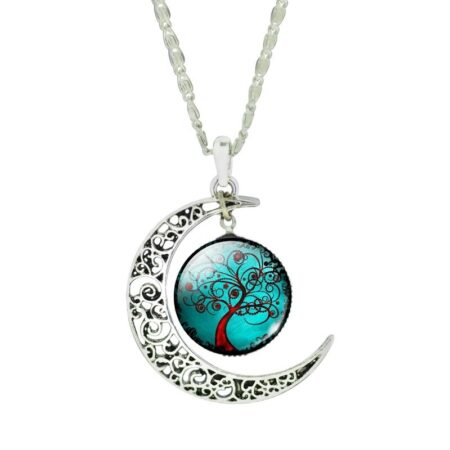 Tree of life crescent moon and glass pendant necklace