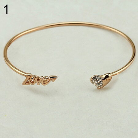 Open Cuff Love Heart Rhinestone Bangle - Gold