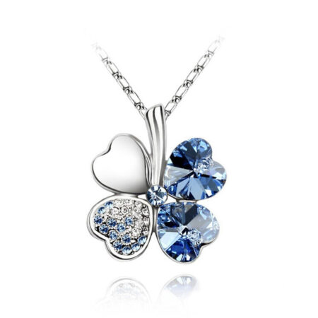 Rhinestone Silver plated 4 Leaf Clover Pendant Necklace - Sea Blue Colour