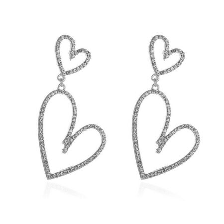 Dangling Rhinestone Hollow Heart Earrings - Beautiful Style - Silver tone