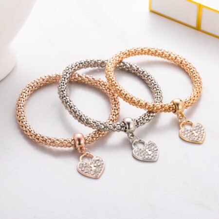 3Pcs Elastic Mesh Bracelet with Rhinestone Heart Pendant - Gold / Silver / Rose