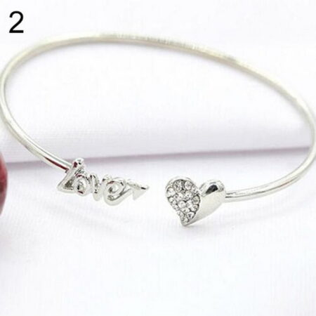 Open Cuff Love Heart Rhinestone Bangle - Silver
