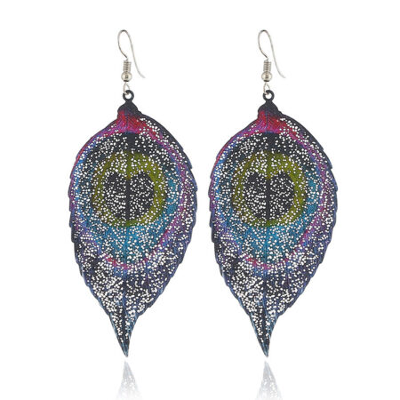 Dangling Veined Leaf Hook Earrings - 75mm Drop - Multi Coloured