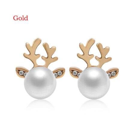 Stunning Goldtone Imitation Pearl Reindeer Ear Push Through Stud Earrings