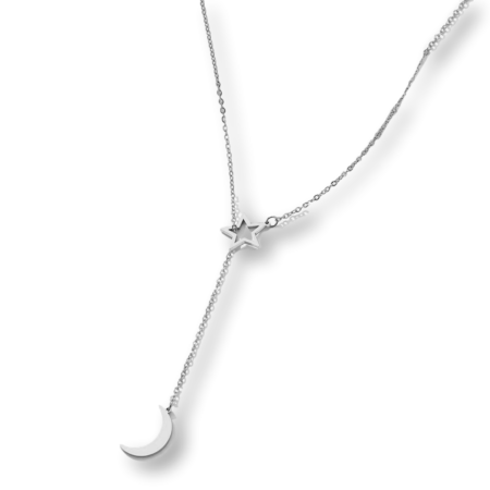 StainlessSteel Non-fading Star and Moon Push Through Womens Necklace Silver