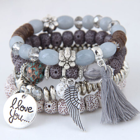Stunning Boho 'I Love You' 4 piece Bracelet Set - Grey Tassel