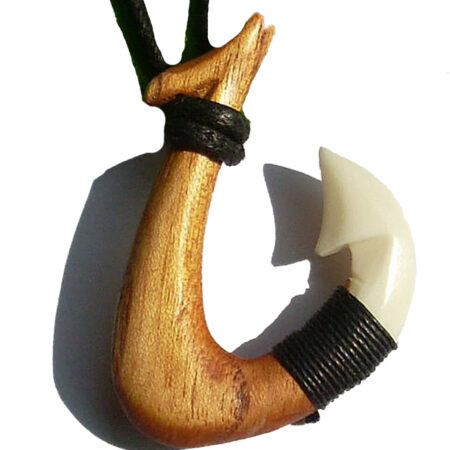Stunning Hand Carved Matau (Fish Hook) Bone and Koa Wood Pendant