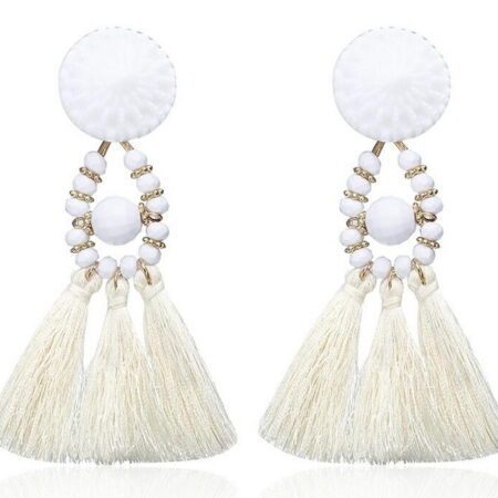 Fringe Resin Bead Tassel Earrings - Approx 98mm drop- White
