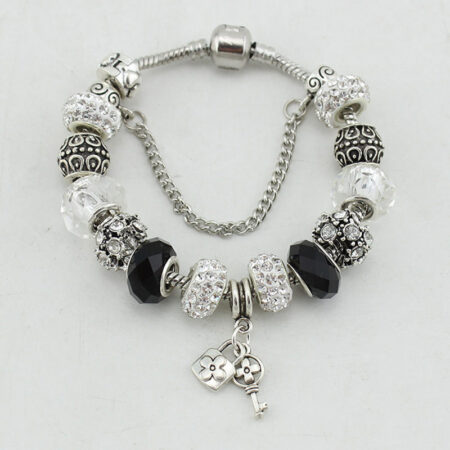 Beautiful European Style Crystal Lock and Key Love Charm Bracelet - Black 18cm