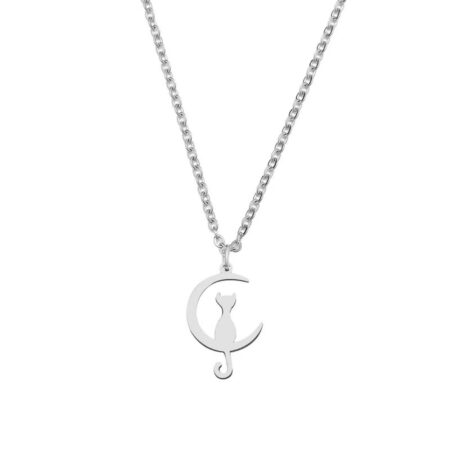 Stainless Steel Non-fading Moonlighting Cat Pendant Womens Necklace - Silver