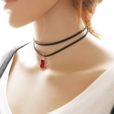 Punk Leather Choker Necklace Rock Bell Pendant Necklace - RED