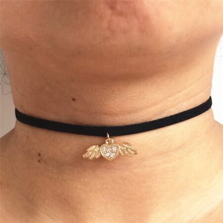 Gothic Short Choker Necklace - Crystal Angel Wings