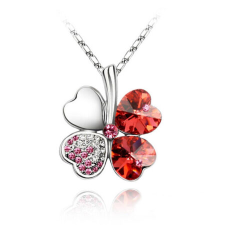 Rhinestone Silver plated 4 Leaf Clover Pendant Necklace - Red Colour