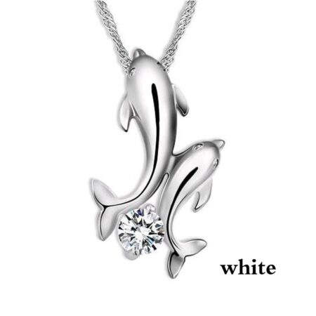 Silver double dolphin rhinestone short-chain necklace