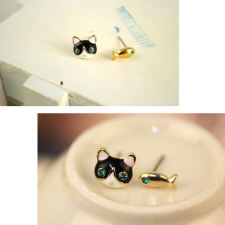 Blue Crystal Cat And Fish Asymmetric Stud Earrings