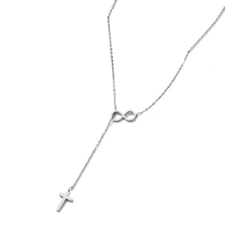 Stainless Steel Infinity Cross Push Through Pendant Womens Necklace -Silver