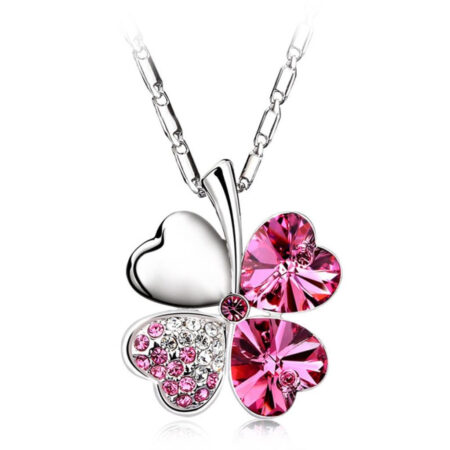 Rhinestone Silver plated 4 Leaf Clover Pendant Necklace - Rose Colour