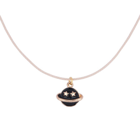 Flesh-colored Wax Rope Black Saturn Pendant Necklace