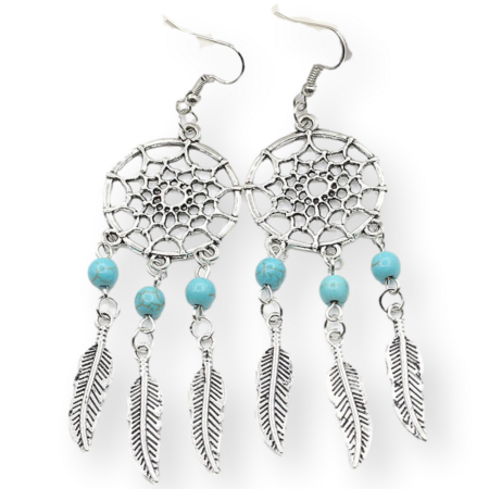 Dangling Dream Catcher with Feather Tassels Boho Earrings - 65mm Drop