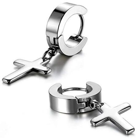Stainless Steel Cross Huggie Hoop Earrings - Approx 10mm hoop - Silver tone