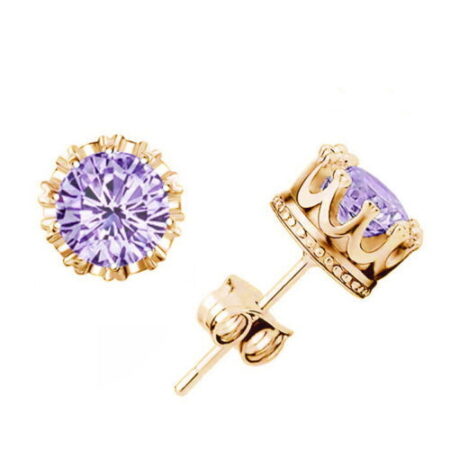 Crown Style Gold Set CZ Stud Earrings - Purple Paradise