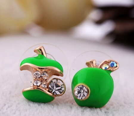 Apple Rhinestone Stud Earrings - GREEN