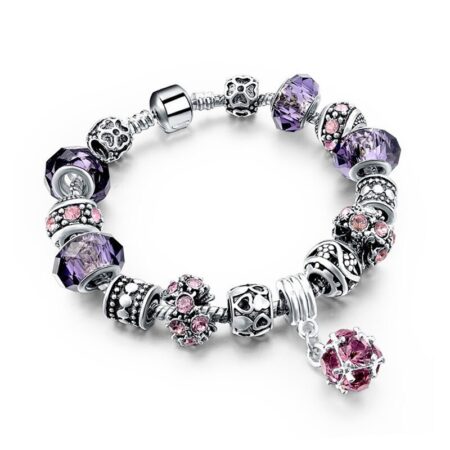 Beautiful European Style Crystal Love Charm Bracelet - Dark Purple