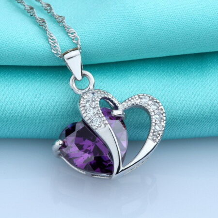 Beautiful Purple Amethyst Silver Heart Pendant Necklace