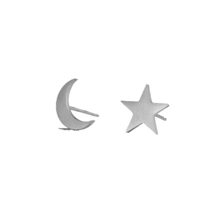 Stainless Steel Star and Moon Asymmetric Space Stud Earrings - Silver tone