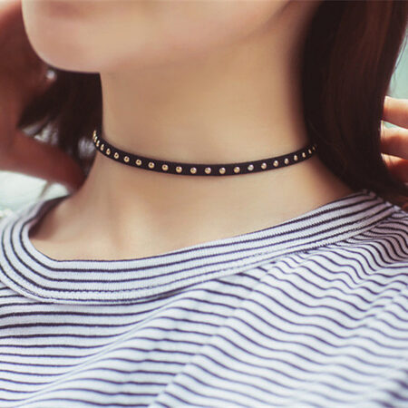 Gold Punk Gothic Leather Studded Spike Rivet Buckle Collar Choker Necklace
