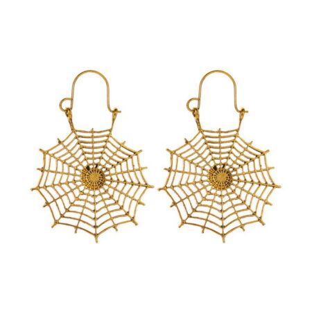 Scary Spider Web Halloween Jewelry Unisex 3D Style Hook Through Earrings - Gold