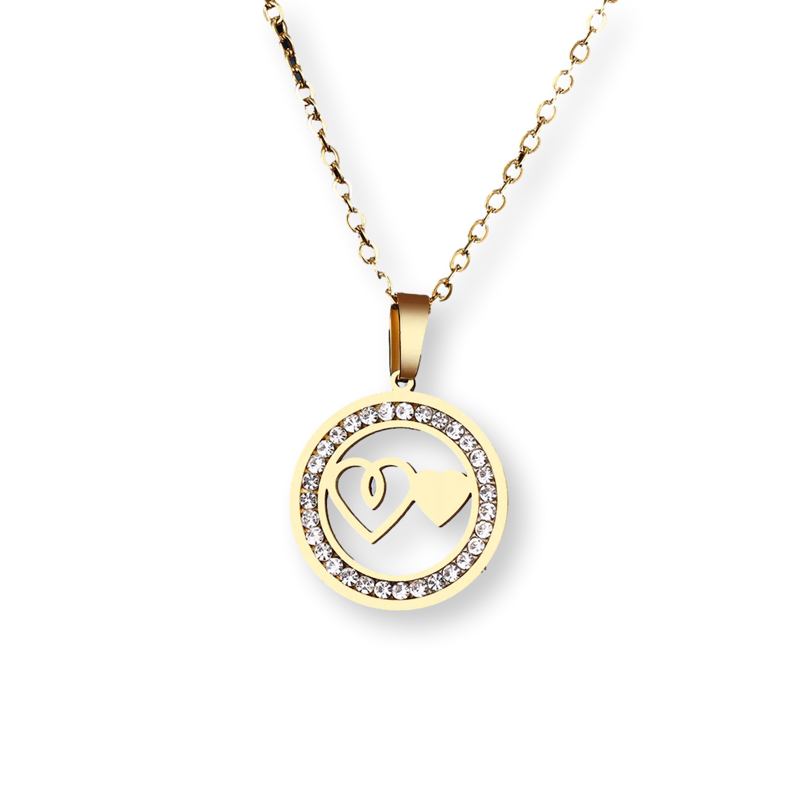 StainlessSteel Non-fading Heart And Soul Pendant Womens Necklace Rhinestone Gold