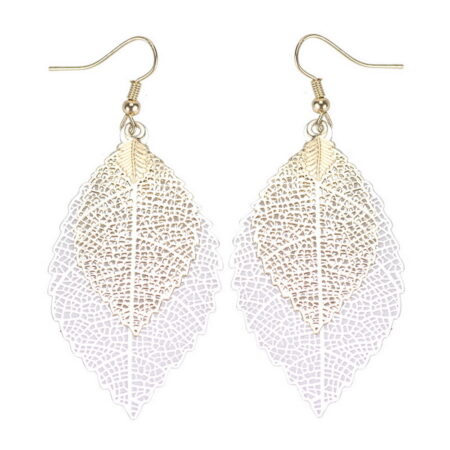 Dangling Veined Leaf Hook Earrings - 55mm Drop - Light Grey