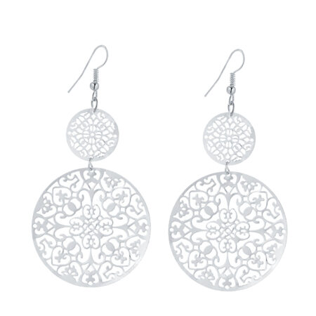 Delicate Filigree Dangle Double Circle Drop Hook Earrings - 82mm Drop - Silver