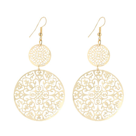 Delicate Filigree Dangle Double Circle Drop Hook Earrings - 82mm Drop - Gold
