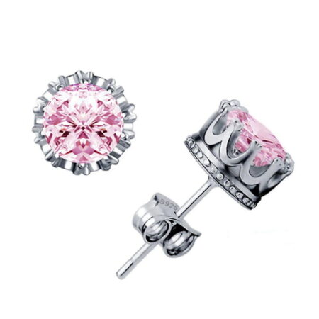 Crown Style Platinum Set CZ Stud Earrings - Pretty Pink