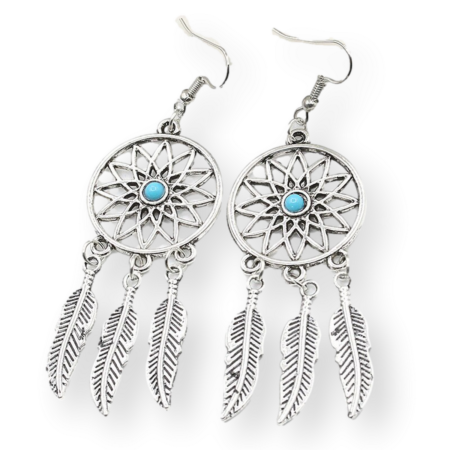 Dangling Dream Catcher with Feather Tassels Boho Earrings - 65mm Drop