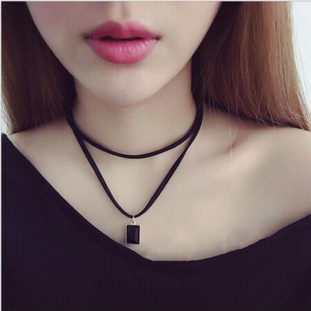 Punk Leather Choker Necklace Rock Bell Pendant Necklace - Black