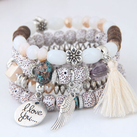 Stunning Boho 'I Love You' 4 piece Bracelet Set - White Tassel