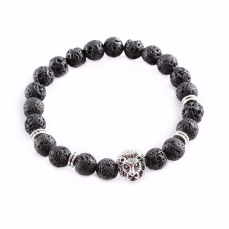 Lion Head Bracelet with Black Lava Healing Balance Beads Reiki Buddha Prayer