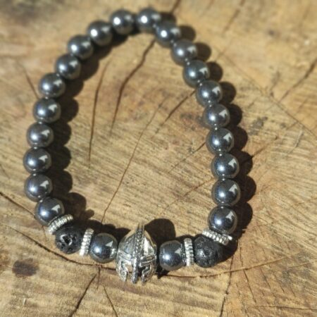 Hematite Bead Bracelet with Lava Diffuser & Silver Knight Helmet