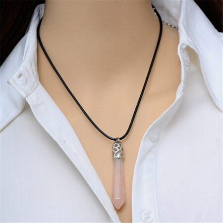 Natural Quartz Pendant Stone Hexagonal Pillar Pendant Necklace - Pink