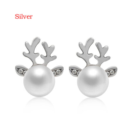Stunning Silvertone Imitation Pearl Reindeer Ear Push Through Stud Earrings